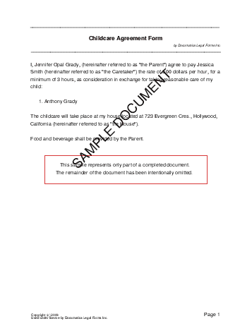 Child Care Agreement template free sample