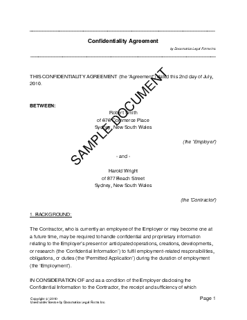 Confidentiality Agreement (Australian) template free sample