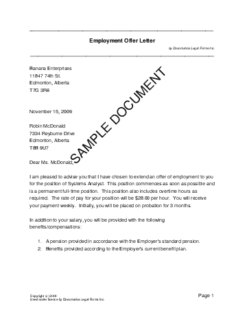 Employment Offer Letter (Canadian) template free sample