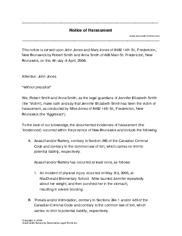 Notice of Harassment template free sample