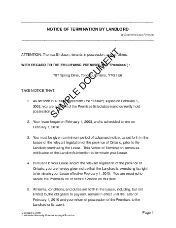 Notice of Termination by Landlord (Canadian) template free sample