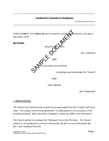 Landlords Consent to Sublease template free sample