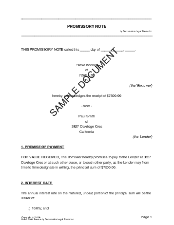 Promissory Note template free sample