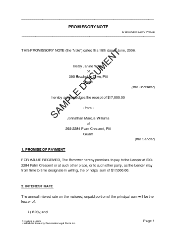 Promissory Note (US Territories) template free sample