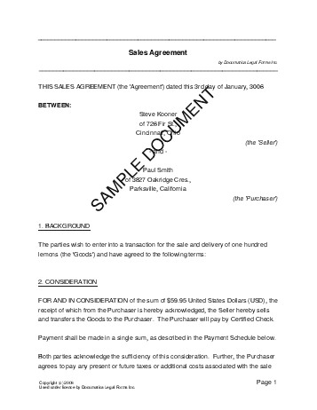 Sales Agreement template free sample
