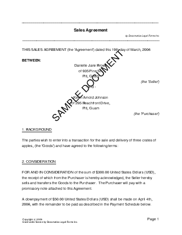 Sales Agreement (US Territories) template free sample