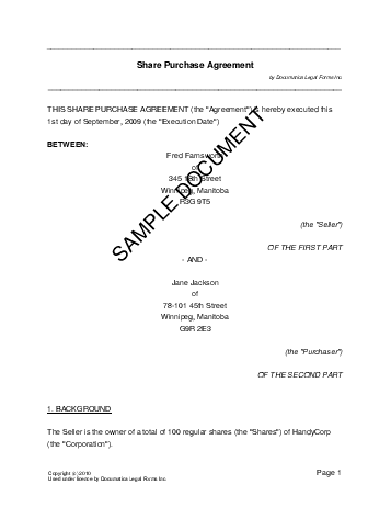 Share Purchase Agreement (Canadian) template free sample