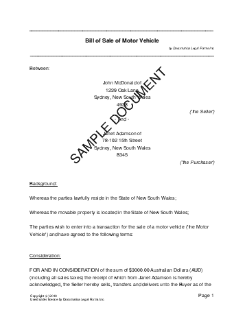 Bill of Sale (Australian) template free sample