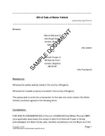 Bill of Sale (United Kingdom) template free sample