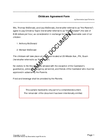 Child Care Agreement (US Territories) template free sample
