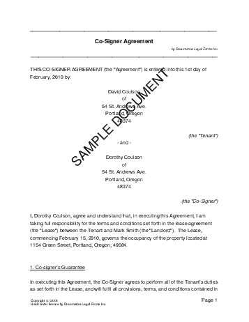 Co-Signer Agreement template free sample