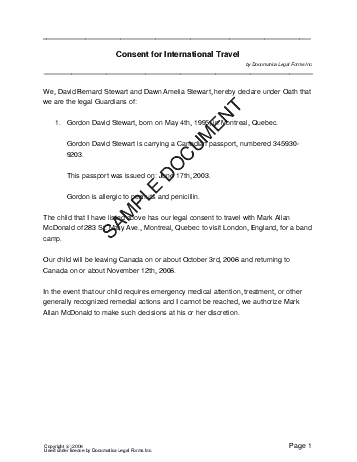 Child Travel Consent (Canadian) template free sample