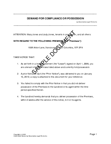 Demand For Compliance or Possession (Canadian) template free sample