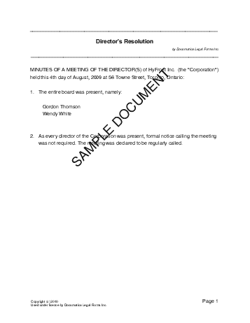 Directors Resolution (Canadian) template free sample