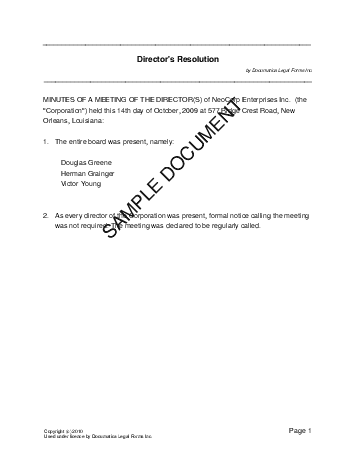 Directors Resolution template free sample