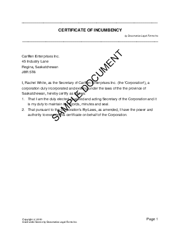 Certificate of Incumbency (Canadian) template free sample