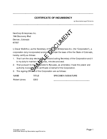 Certificate of Incumbency template free sample