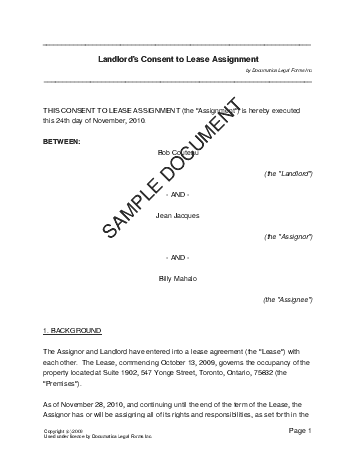 Landlords Consent to Lease Assignment (Canadian) template free sample