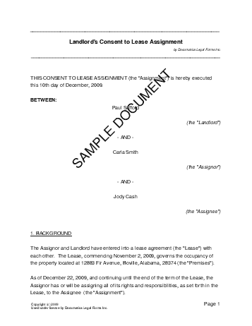 Landlords Consent to Lease Assignment template free sample