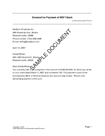 Demand for Payment of NSF Check template free sample
