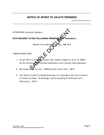 Notice of Intent to Vacate Premises (Canadian) template free sample