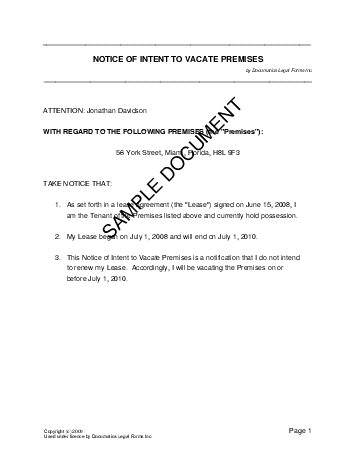 Notice of Intent to Vacate Premises template free sample