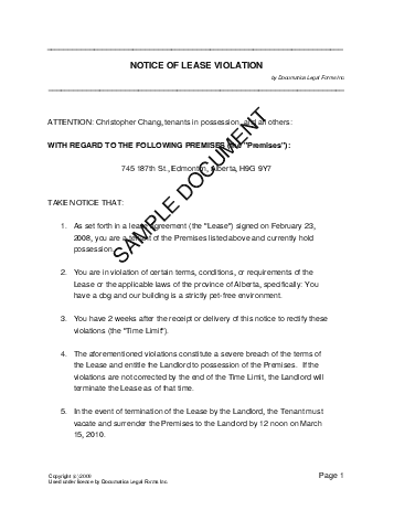 Notice of Lease Violation (Canadian) template free sample