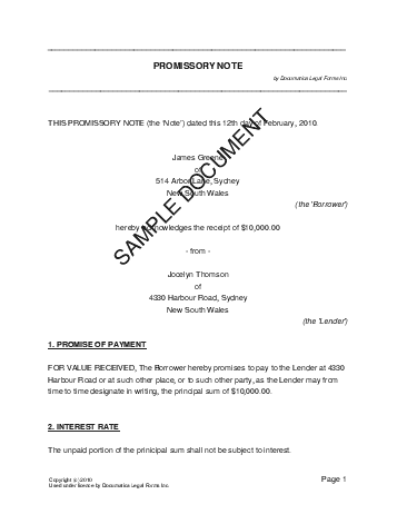 Promissory Note (Australian) template free sample