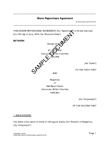 Share Repurchase Agreement (Canadian) template free sample