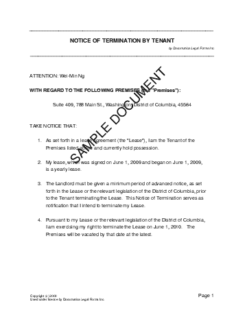 Notice of Termination by Tenant template free sample