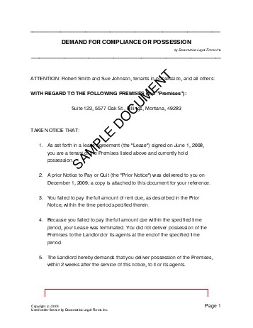 Demand For Compliance or Possession (Nigeria) - Legal 